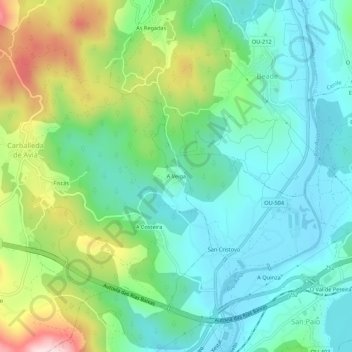 Mappa topografica A Veiga, altitudine, rilievo