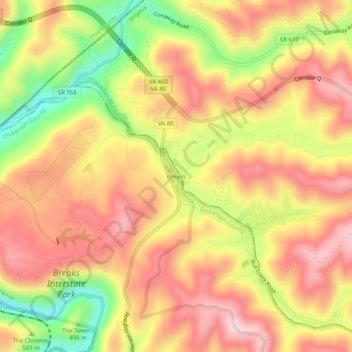 Mappa topografica Breaks, altitudine, rilievo