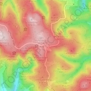 Mappa topografica Schmücke, altitudine, rilievo