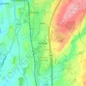 Mappa topografica Bailrigg, altitudine, rilievo