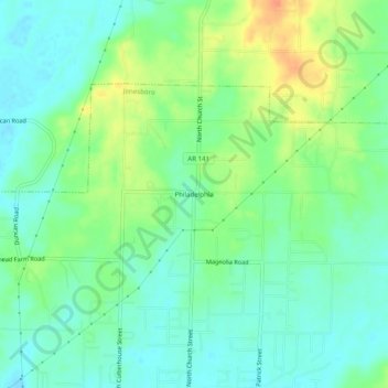 Mappa topografica Philadelphia, altitudine, rilievo