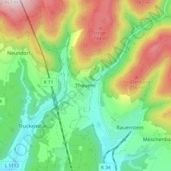 Mappa topografica Theuern, altitudine, rilievo