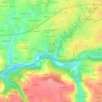 Mappa topografica Kervatret, altitudine, rilievo