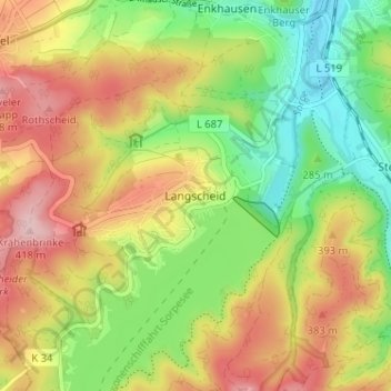 Mappa topografica Langscheid, altitudine, rilievo