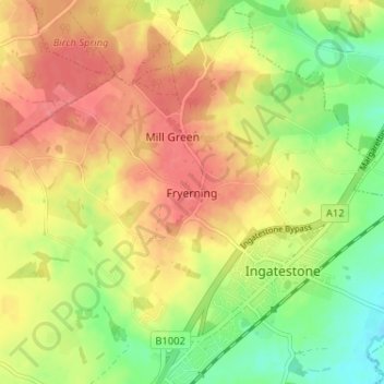 Mappa topografica Fryerning, altitudine, rilievo