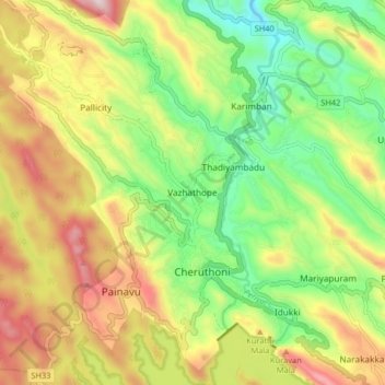 Mappa topografica Vazhathope, altitudine, rilievo