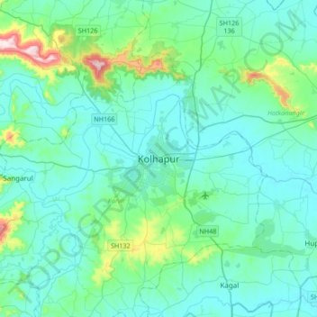 Mappa topografica Kolhapur, altitudine, rilievo