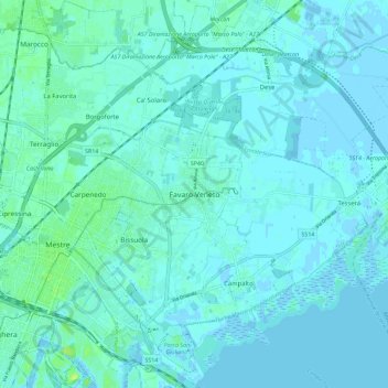 Mappa topografica Favaro Veneto, altitudine, rilievo