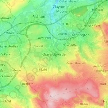 Mappa topografica Oswaldtwistle, altitudine, rilievo