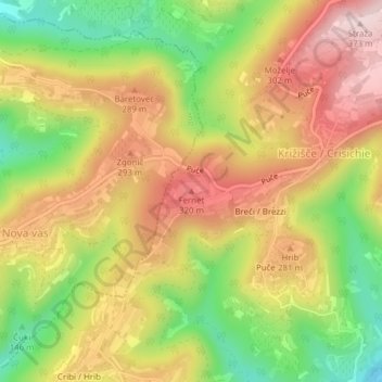 Mappa topografica Fernet, altitudine, rilievo