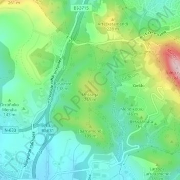 Mappa topografica Untzaga, altitudine, rilievo