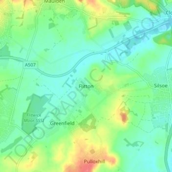 Mappa topografica Flitton, altitudine, rilievo