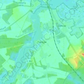 Mappa topografica Tieckow, altitudine, rilievo