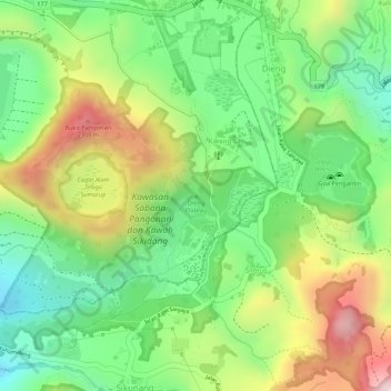 Mappa topografica Dieng Plateau, altitudine, rilievo
