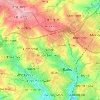 Mappa topografica Birstall, altitudine, rilievo