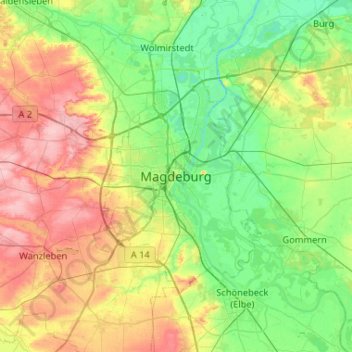 Mappa topografica Magdeburg, altitudine, rilievo