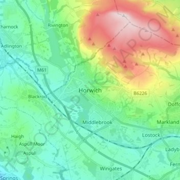 Mappa topografica Horwich, altitudine, rilievo