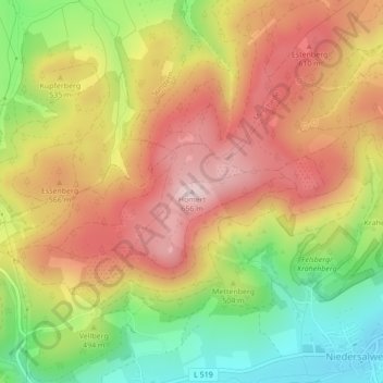 Mappa topografica Homert, altitudine, rilievo