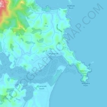 Mappa topografica Whananaki, altitudine, rilievo