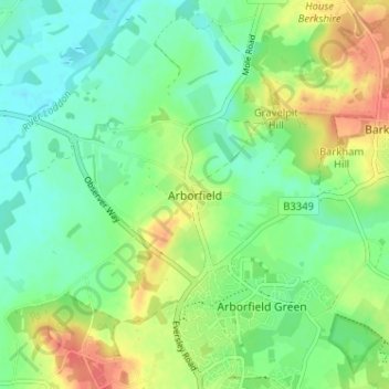 Mappa topografica Arborfield, altitudine, rilievo