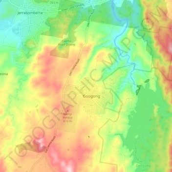 Mappa topografica Googong, altitudine, rilievo
