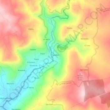 Mappa topografica Paradela, altitudine, rilievo