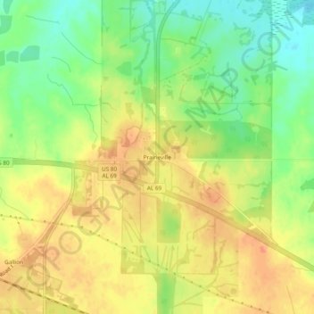 Mappa topografica Prairieville, altitudine, rilievo