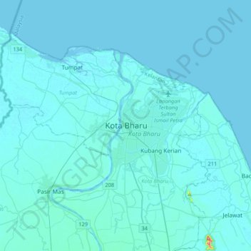 Mappa topografica Kota Bharu, altitudine, rilievo