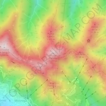 Mappa topografica Monte Prealba, altitudine, rilievo