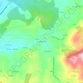 Mappa topografica A Veiga de Lea, altitudine, rilievo