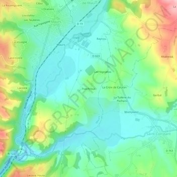 Mappa topografica Puechroux, altitudine, rilievo