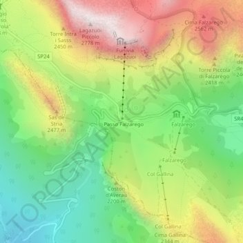 Mappa topografica Passo di Falzarego, altitudine, rilievo