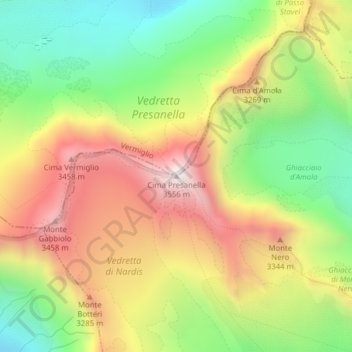 Mappa topografica Cima Presanella, altitudine, rilievo