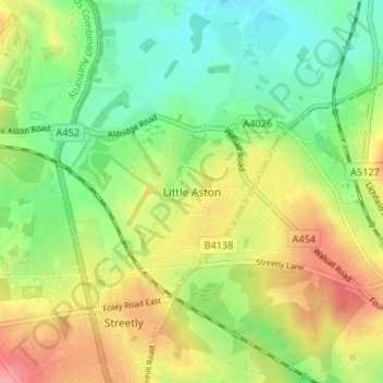 Mappa topografica Little Aston, altitudine, rilievo