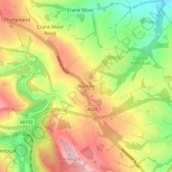 Mappa topografica Wortley, altitudine, rilievo