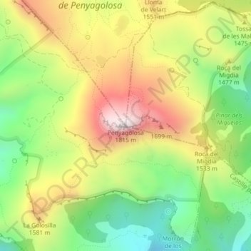 Mappa topografica Penyagolosa, altitudine, rilievo