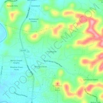 Mappa topografica Farmington, altitudine, rilievo