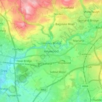 Mappa topografica Heywood, altitudine, rilievo