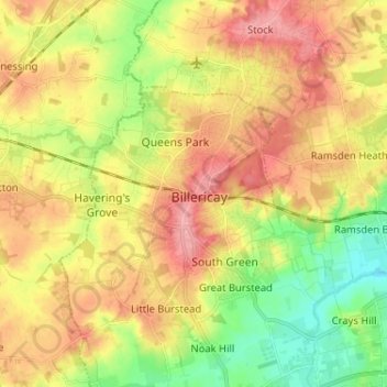 Mappa topografica Billericay, altitudine, rilievo