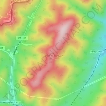 Mappa topografica Lewis Mountain, altitudine, rilievo