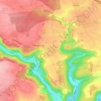 Mappa topografica Weidach, altitudine, rilievo