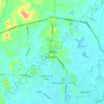 Mappa topografica Tha Chang, altitudine, rilievo