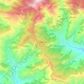 Mappa topografica Chakrata, altitudine, rilievo