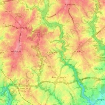 Mappa topografica Kemp Mill, altitudine, rilievo