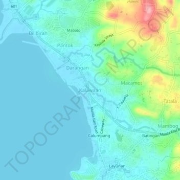 Mappa topografica Kalawaan, altitudine, rilievo