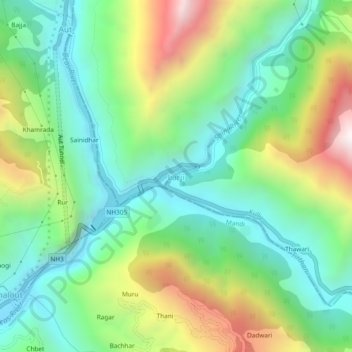 Mappa topografica Larji, altitudine, rilievo