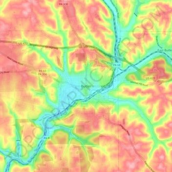 Mappa topografica Butler, altitudine, rilievo