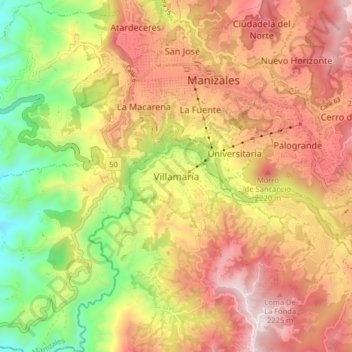 Mappa topografica Villamaría, altitudine, rilievo