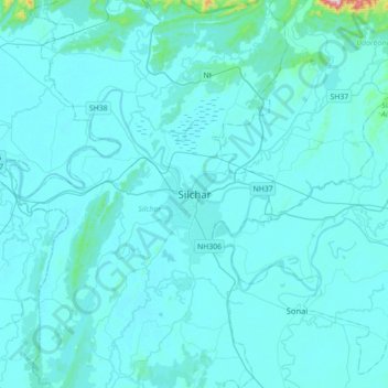 Mappa topografica Silchar, altitudine, rilievo