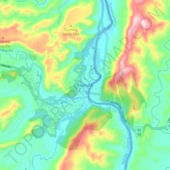 Mappa topografica Honda, altitudine, rilievo